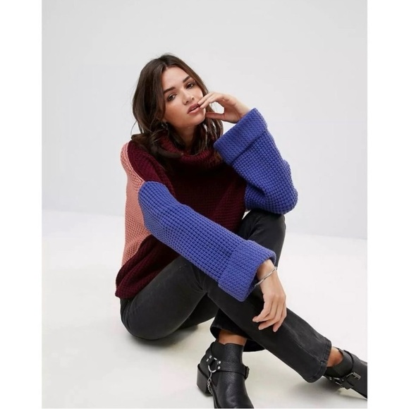 GUC Free People Park City Colorblock Sweater | Reversible Chunky Knit Turtleneck - Picture 3 of 10